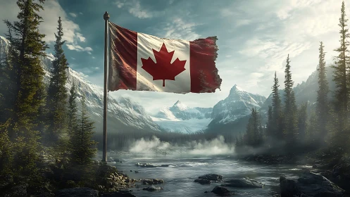 Canadian maple leaf flag waving over misty mountain river.