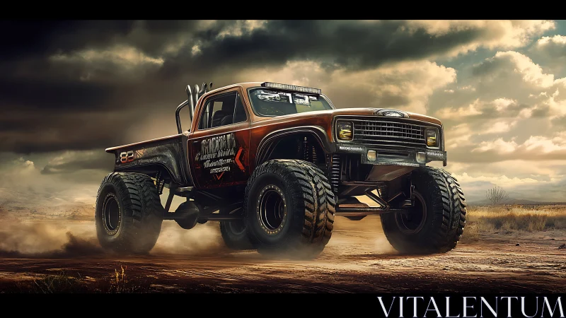 Lifted off-road truck moves across arid dirt landscape