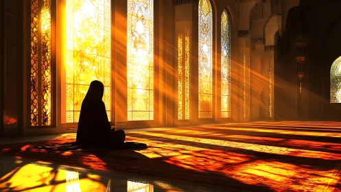 Solitary prayer in golden sunlit mosque interior at dawn.
