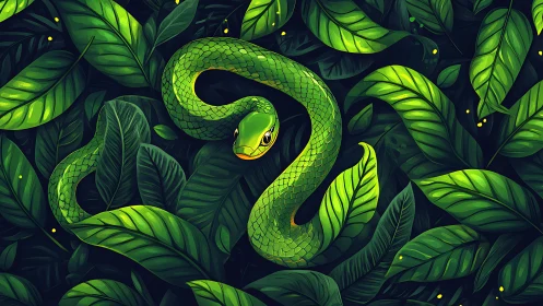 Coiled green snake rendered in stylized high-contrast jungle foliage