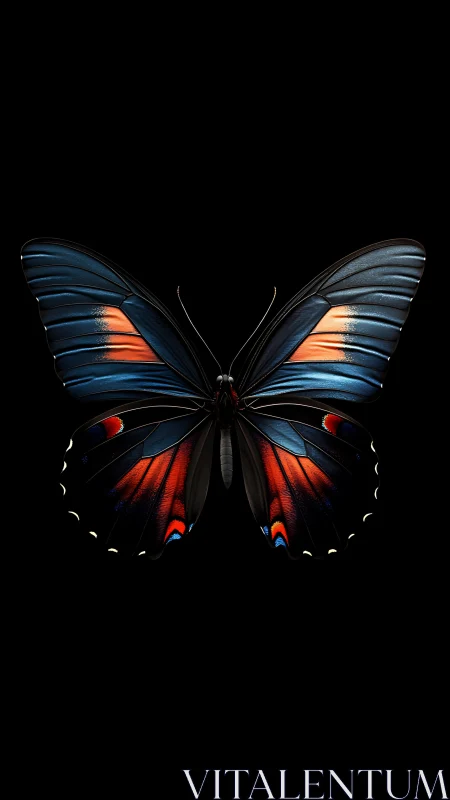 Blue and red butterfly specimen on solid black background.