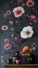 Moody floral arrangement with pink blooms and dark vessels