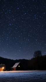 Nocturnal farmhouse under star-dense winter sky panorama.