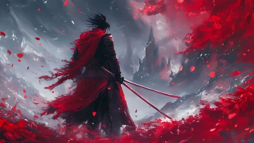 Armored figure surveys distant castle amid red foliage