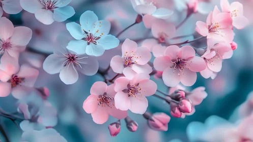 Pastel cherry blossoms in dreamy cyan bokeh light.