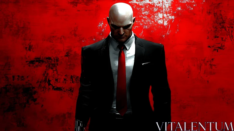 Bald suited figure against distressed red abstract backdrop.