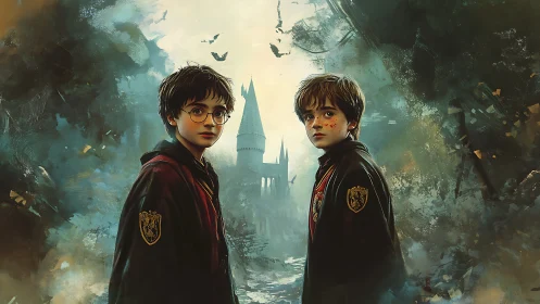 Two robed boys stand before a distant castle in mist