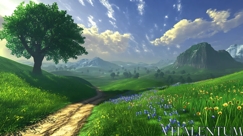 Sunlit 3D valley landscape with winding path and alpine range