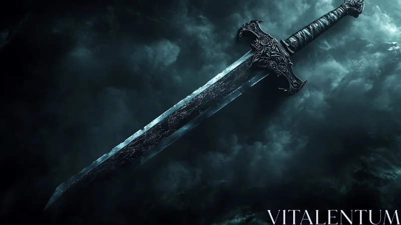 Ornate dark fantasy longsword suspended in teal storm haze