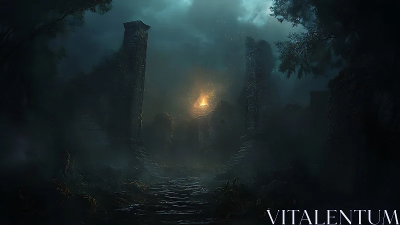 Stone ruins frame distant fire under stormy night sky