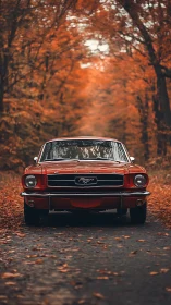 Vintage red Mustang framed by blurred autumn forest road.