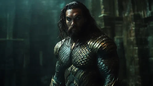 Armored underwater warrior stands in shadowed stone hall.