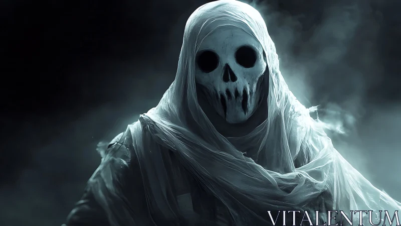 Shrouded ghostly figure gazes out through swirling night mist