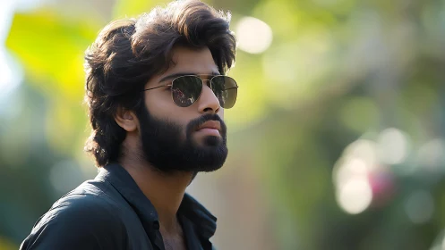 Bearded man in sunglasses captured in soft bokeh portrait