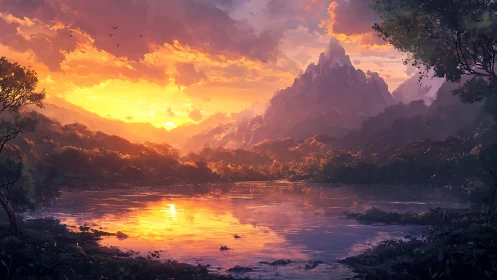 Sunlit mountain lake glows beneath a dramatic evening sky