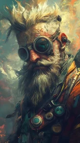 Elderly steampunk mechanic with goggles in dense painterly detail