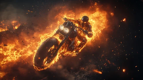 Fearless fiery rider racing through a blazing night storm.