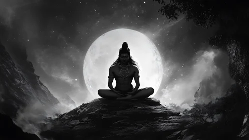 Lunar-backlit ascetic silhouette in meditative mountain topology.