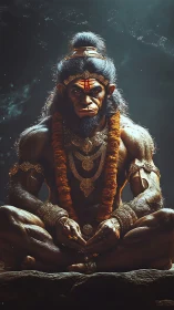 Mythic monkey warrior deity in meditative seated pose.