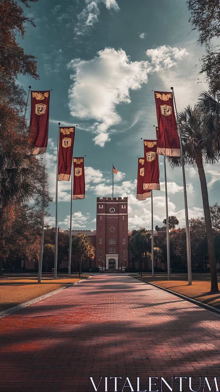 Brick campus tower framed by flags on symmetrical path