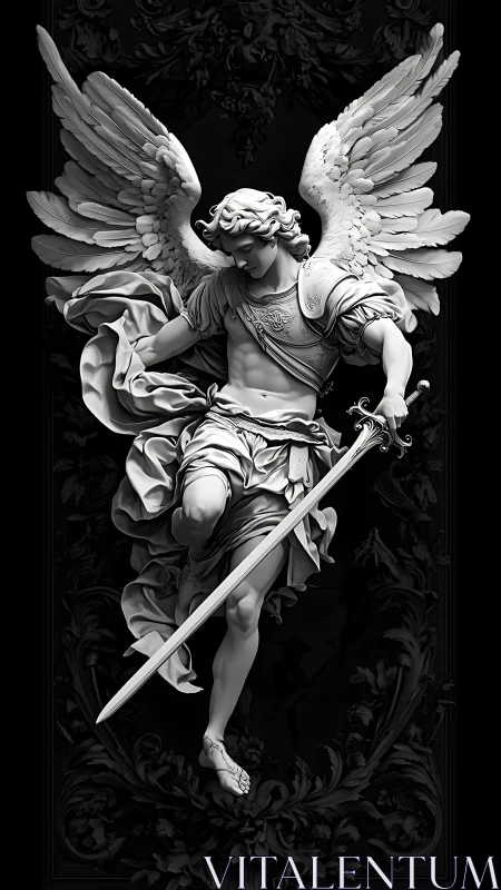 High-contrast baroque angel sculpture with dynamic sword posture