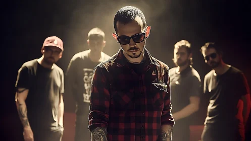 Photographic portrait of rock band with dramatic backlighting.