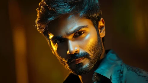 Brooding amber-lit gaze under cinematic nightfire glow.