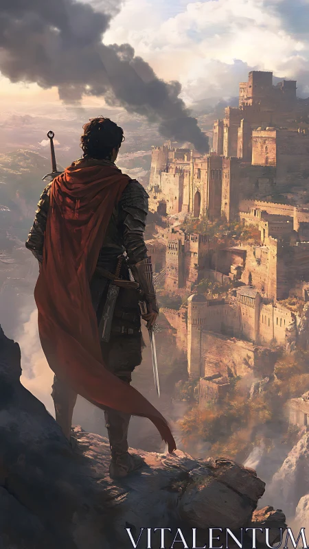 Lone warrior surveys a besieged cliffside citadel at dusk