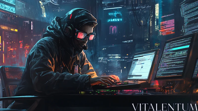 Neon-lit cyberpunk operator at dual terminals in urban datascape.