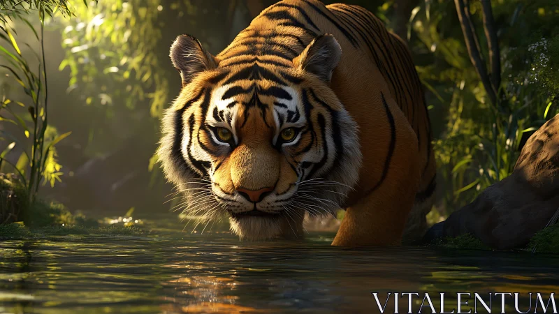 Silent jungle monarch stalks the river’s mirrored hush.