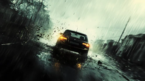 Rain-slashed street chase with a lone car outrunning gloom.