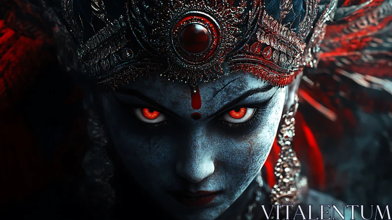 Demonic sapphire visage with incendiary ocular focus and crown.