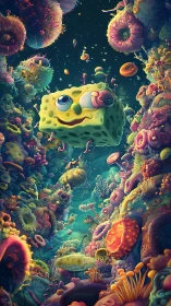 Surreal sponge creature drifts through luminous alien reef