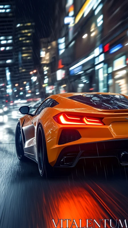 Orange supercar speeds through wet neon city street at night