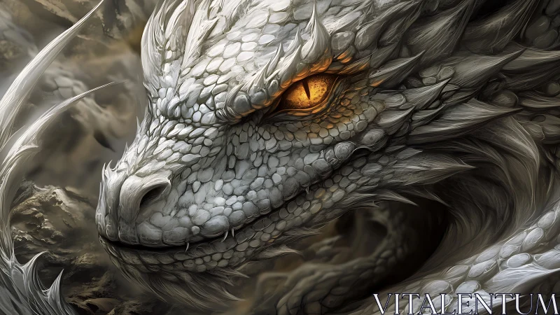 Silver dragon close-up with glowing golden eye in smoke