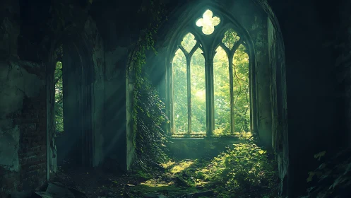 Sunlit ivy in ruined gothic stone hall with tall windows.