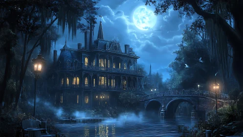 Moonlit river manor quietly brews whispered ghost stories