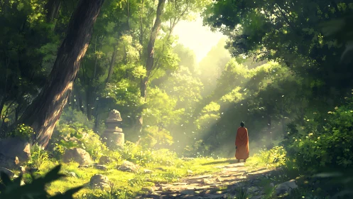 Solitary Monk Walks Through Enchanted Forest Path.