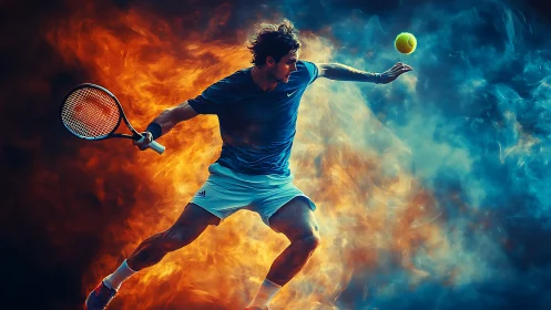 Digital render shows tennis player framed by fire and smoke