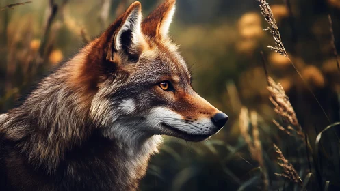 Fox profile in dusk meadow with cinematic shallow focus.