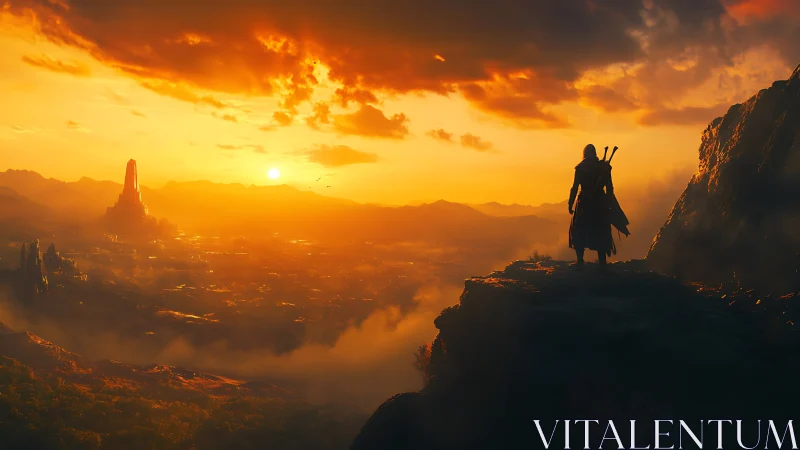 Lone dusk wanderer measures a molten horizon of kingdoms