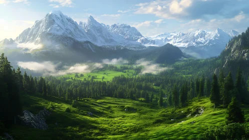 Snowy mountain range above green alpine valley landscape.