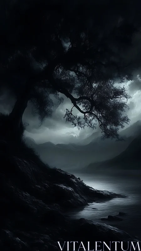 Midnight shoreline rests beneath a brooding, stormlit sky