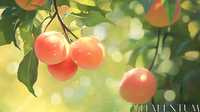 Backlit stone fruits in soft focus digital orchard study.