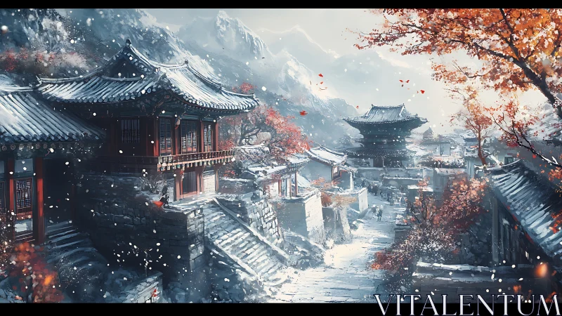 Snowy traditional mountain village with red autumn foliage.