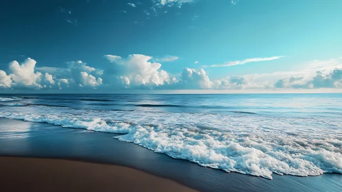 Gentle turquoise waves rolling onto a quiet, peaceful shore.