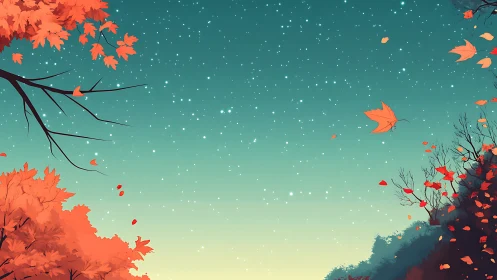 Autumn trees frame starry turquoise sky with drifting leaves