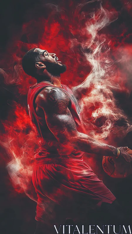 Dynamic red-lit basketball portrait in cinematic smoke haze.