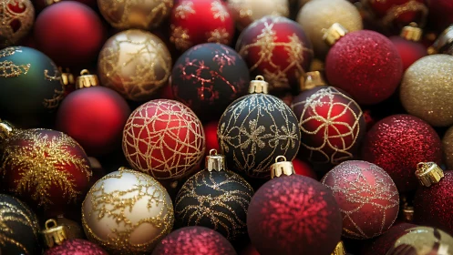 Christmas ornaments fill frame with dense glittered surfaces