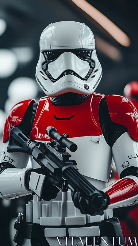 Crimson-armored space trooper guards a neon-lit corridor.